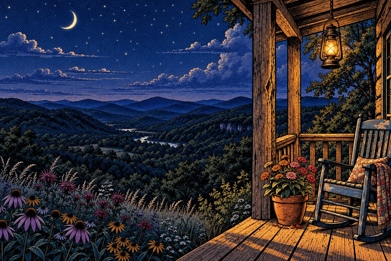 The same porch at night, the lantern lit and the rocking chair waiting, stars over the dark Ozark hills.