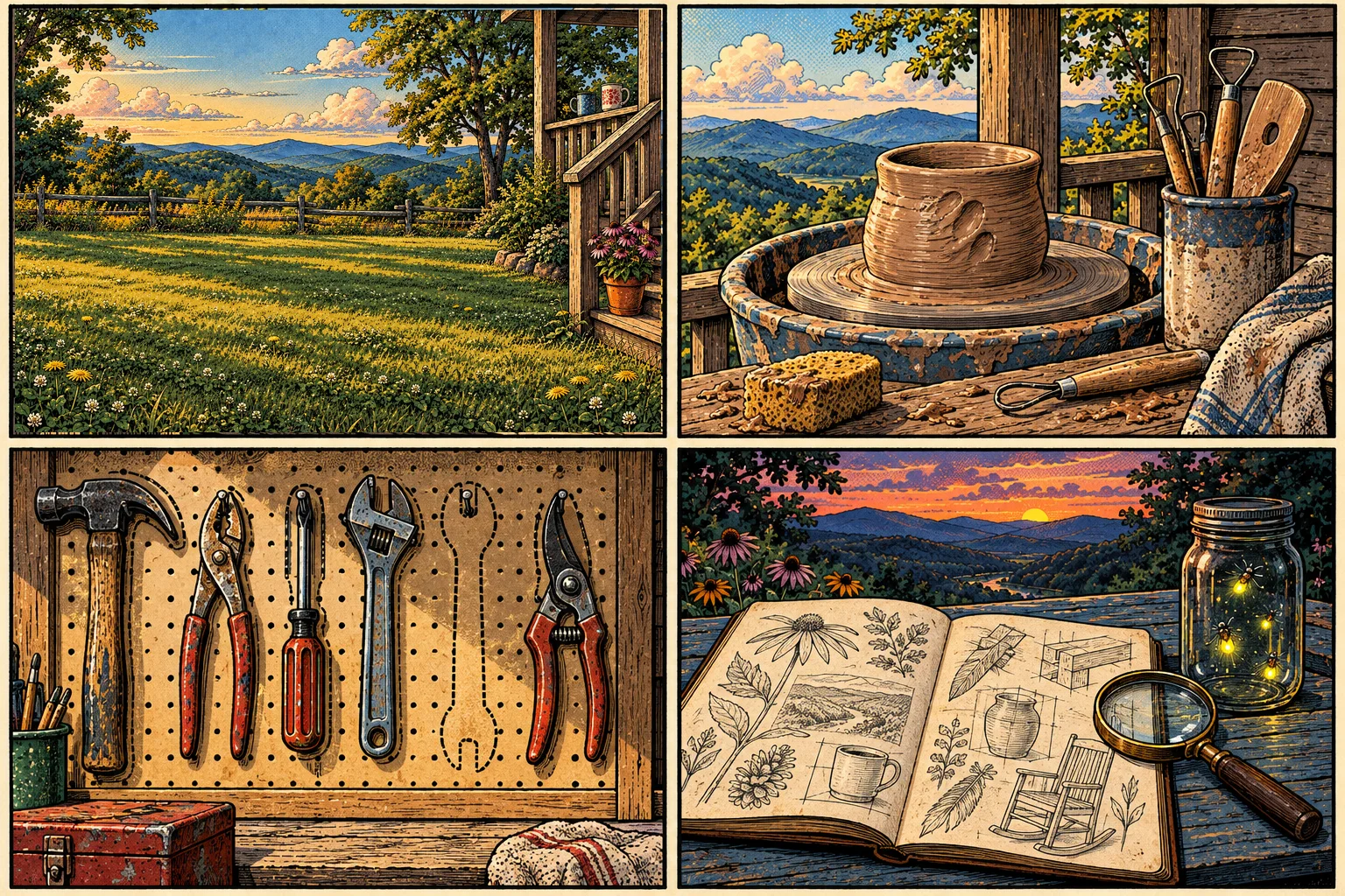 A comic page of four still lifes: two coffee mugs on a porch rail, clay on a potter's wheel, hand tools on a pegboard with one spot empty, and an open sketchbook beside a jar of fireflies.