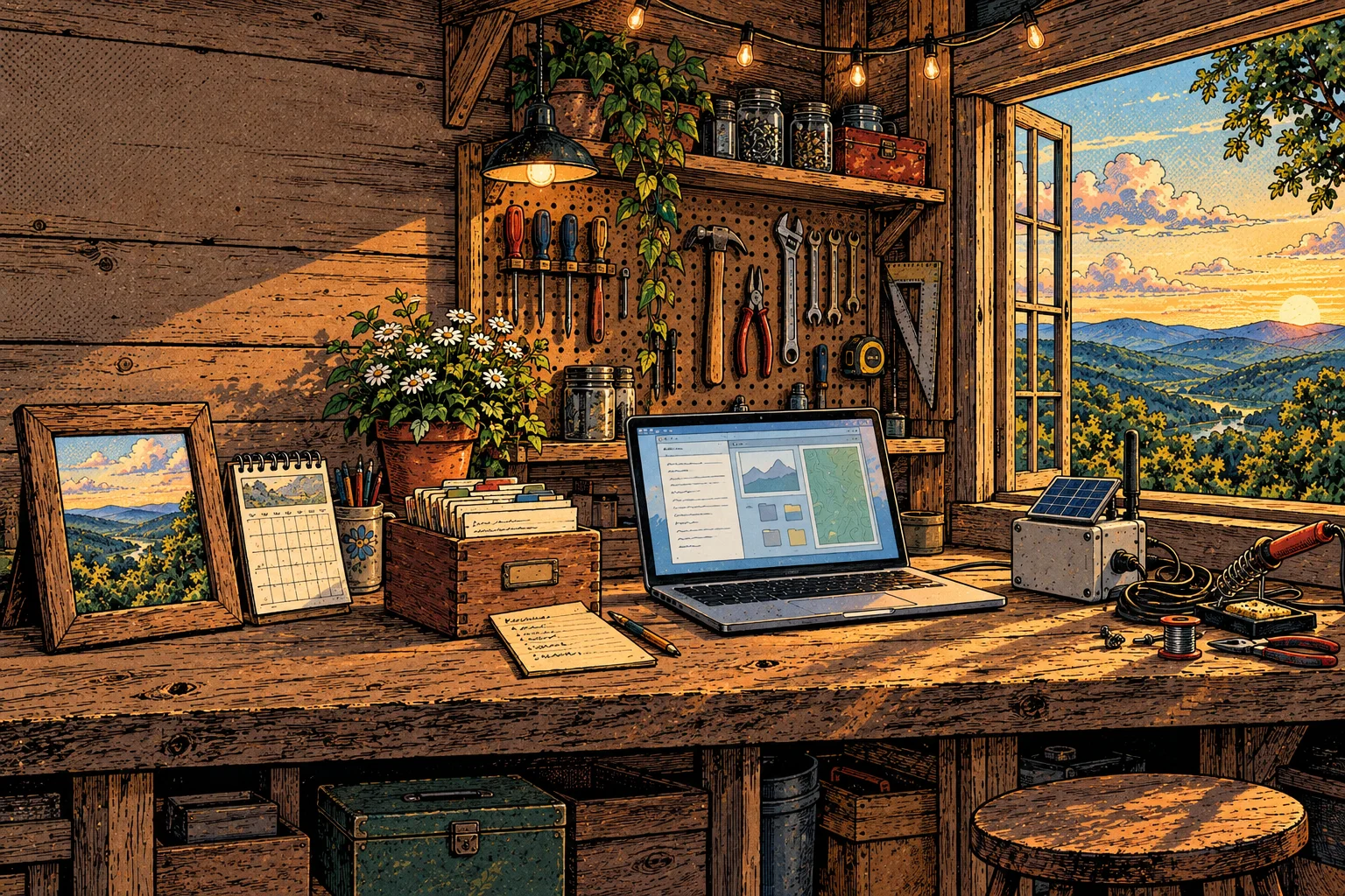 A cozy wooden workshop at golden hour. On the workbench: a picture frame beside a family calendar, a recipe box with a grocery list, an open laptop, and a small weatherproof sensor box with an antenna and solar panel.